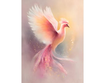 Pastel Phoenix Watercolor Print, Mythical Bird Wall Art, Boho Fantasy Illustration, Rebirth Symbol Artwork, Modern Spiritual Decor