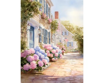 Nantucket Street Watercolor Print, Coastal Cottage Wall Art with Hydrangeas, New England Home Decor, Cape Cod Seaside Painting