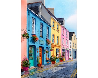 Impresión de acuarela de Dingle, Irlanda, arte urbano costero irlandés, arte mural callejero colorido