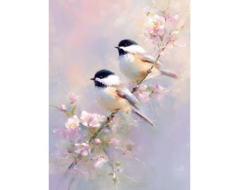 May include: A painting depicting two small birds with black caps and tan bodies, perched on a branch with pink blossoms. The background is a soft pastel of pinks and purples, creating a tranquil, nature-inspired scene.
