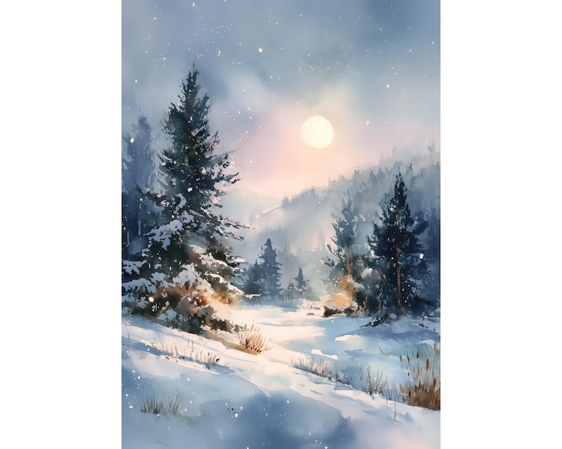 Winter Pine Forest Watercolor Art Print • Snowy Night Landscape - Etsy