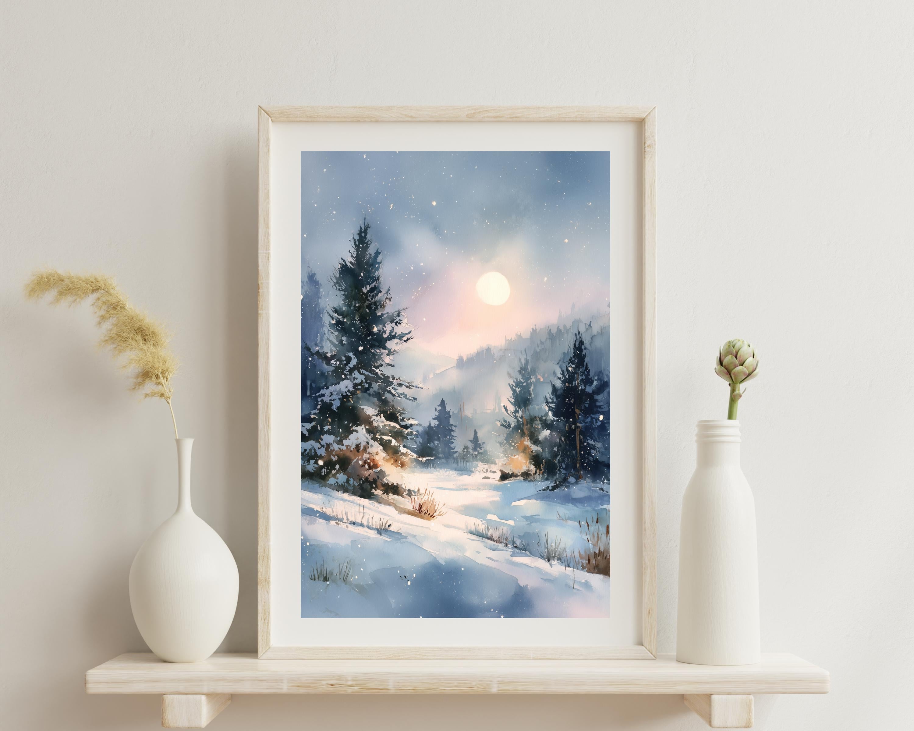 Winter Pine Forest Watercolor Art Print • Snowy Night Landscape - Etsy