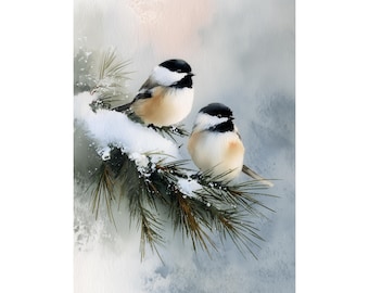 May include: Watercolor painting of two chickadees perched on a snow-covered pine branch. The birds have black caps, white cheeks, and tan bodies. The background is a soft blend of white, gray, and pale pink.