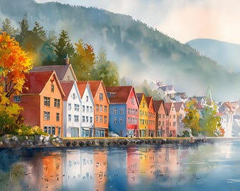 Bergen Norway Watercolor Print • Nordic Harbor Coastal Art