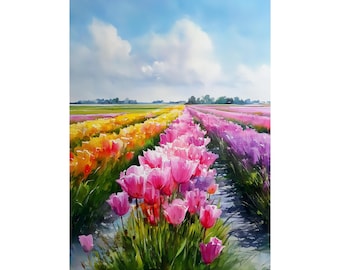 May include: A watercolor painting of a tulip field under a blue sky with fluffy white clouds. Rows of colorful tulips in shades of pink, yellow, and purple stretch towards the horizon. The artwork evokes a sense of springtime and natural beauty.