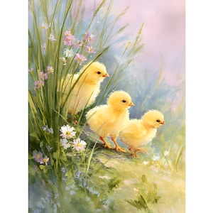 May include: A watercolour painting depicts three fluffy yellow chicks amongst grass and wildflowers. The chicks are in different positions, with one partially obscured by tall green grass. Soft pastel colours create a tranquil, springtime scene.