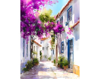 Aquarel dorpsprint Algarve, Portugal Coastal Street Art, wanddecoratie bougainvillea