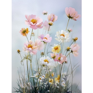 May include: Watercolor painting of cosmos flowers in shades of pink, white, and yellow, with green stems and leaves. The flowers have yellow centers and delicate petals. The background is a soft, light blue.