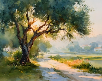 Oak Tree Watercolor Print, Country Road Landscape Wall Art, Rustic Farmhouse Tree Painting, Peaceful Countryside Decor, Nature Landscape Art