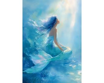Ethereal Mermaid Watercolor Art Print | Ocean Fantasy Wall Art | Blue Mermaid Poster | Coastal Bathroom Decor