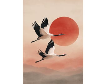 Japanese Cranes Wall Art with Red Sun | Minimalist Japanese Print | Asian Inspired Artwork