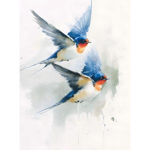 Könnte beinhalten: Aquarellmalerei von zwei Schwalben im Flug. Die Vögel haben blaue Flügel, weiße Bäuche und orangefarbene Kehlen. Der Hintergrund ist eine weiche, gedämpfte Aquarellwäsche, die ein Gefühl von Bewegung und Freiheit erzeugt. Das Kunstwerk fängt die zarte Schönheit der Natur ein.