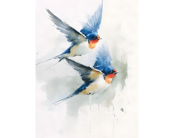 Barn Swallow Watercolor Print - Delicate Bird in Flight Nature Illustration - Vintage Style Art Print
