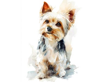 Pode incluir: Pintura em aquarela de um cão Yorkshire Terrier. O cão é retratado em posição sentada, com a cabeça inclinada e uma expressão curiosa. A obra de arte apresenta uma mistura de cores branca, marrom e preta, com pinceladas suaves e efeito aquarela.
