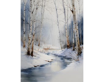 Birch Tree Winter Watercolor Print, Colorado Snowy Forest Landscape Wall Art, Icy River Painting, Neutral Blue Gray Home Décor