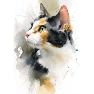 Op de afbeelding: Waterverfschilderij van een lapjeskat met een witte, zwarte en oranje vacht. De kat is in profiel afgebeeld, kijkend opzij met gele ogen en lange snorharen. Het kunstwerk heeft een zachte, artistieke stijl met aquarel penseelstreken.