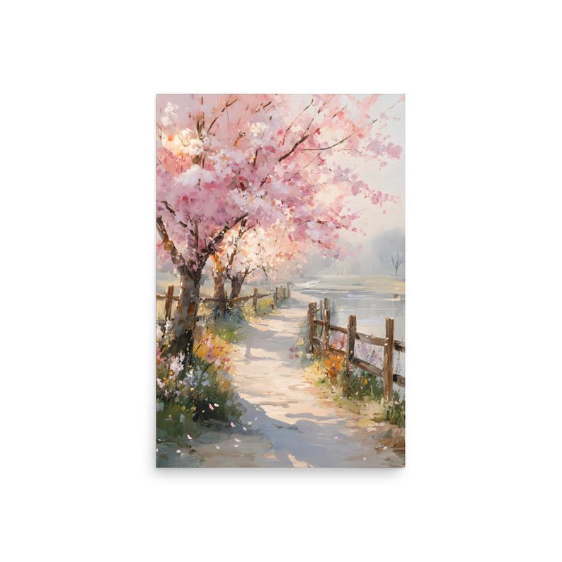 Cherry Blossom Oil Print, Sakura River Wall Art, Spring Floral Landscape Painting, Japanese Inspired Nature Art, Soft Pastel Decor