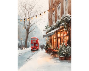 May include: Watercolor painting of a snowy London street scene. A red double-decker bus travels down the road. A building with a cafe is on the right, decorated with Christmas trees and lights. Snow falls gently.