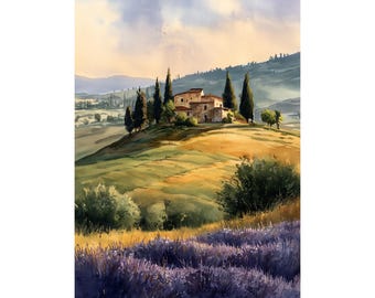 Tuscany Lavender Field Watercolor Print: Rustic Italian Farmhouse Wall Art