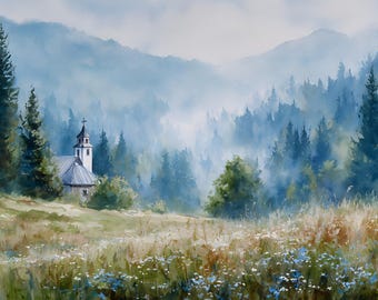 Smoky Mountain Aquarell Druck - Rustikale Landschaft, Appalachen Landschaft, Neutrale Natur Wanddekoration