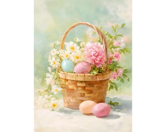 Easter Basket Watercolor Print, Pastel Eggs and Spring Flowers Art, Spring Seasonal Home Decor