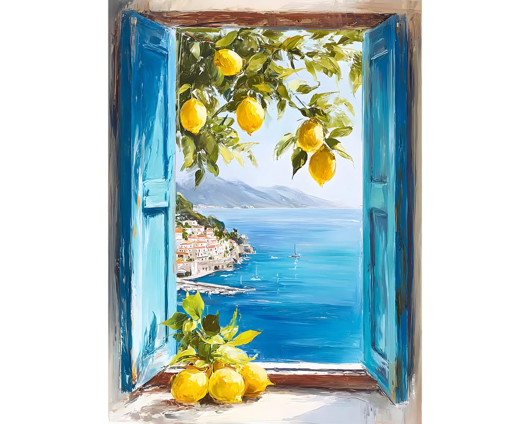 Mediterranean Lemon Tree Window Art Print • Coastal Wall Decor • Blue ...