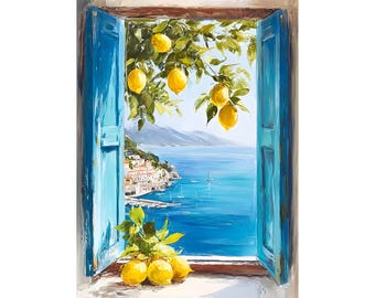 Impressão artística de janela com limoeiro mediterrâneo • Decoração de parede costeira • Aquarela azul para janela • Pôster da Itália