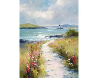 Irish Lighthouse Watercolor Print, Coastal Landscape Wall Art