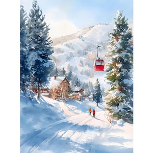 Op de afbeelding: Waterverfschilderij van een besneeuwde berglandschap met een rode skilift. Twee mensen in winterjassen lopen over een met sneeuw bedekt pad naar een chalet. Hoge naaldbomen omlijsten de scène, met een helderblauwe lucht.