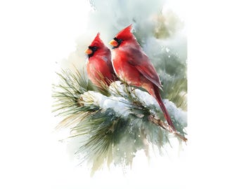 Aquarel print rode kardinalen, wintervogel kunst aan de muur, kerst natuur schilderij, rustiek bos decor, besneeuwde vakantie kunstposter