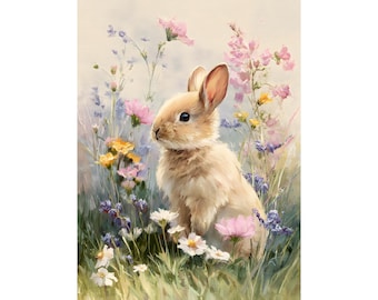Easter Bunny Watercolor Print, Spring Rabbit Wall Art, Pastel Floral Nursery Decor