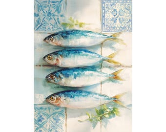 Watercolor Sardines Art Print • Portuguese Azulejo Kitchen Decor
