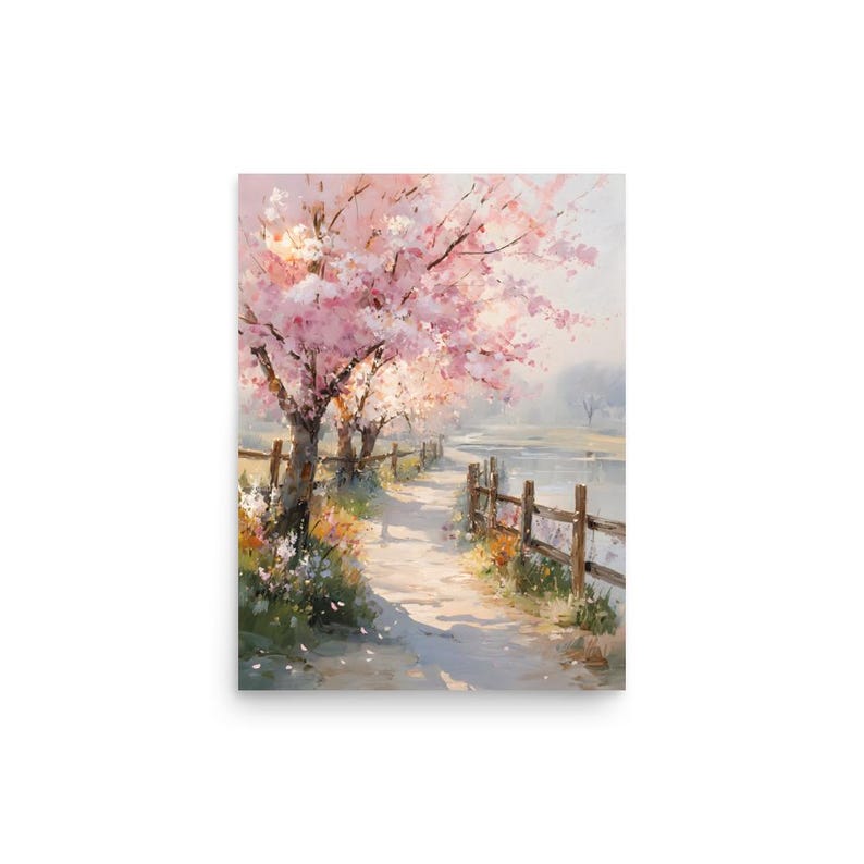 Cherry Blossom Oil Print, Sakura River Wall Art, Spring Floral Landscape Painting, Japanese Inspired Nature Art, Soft Pastel Decor