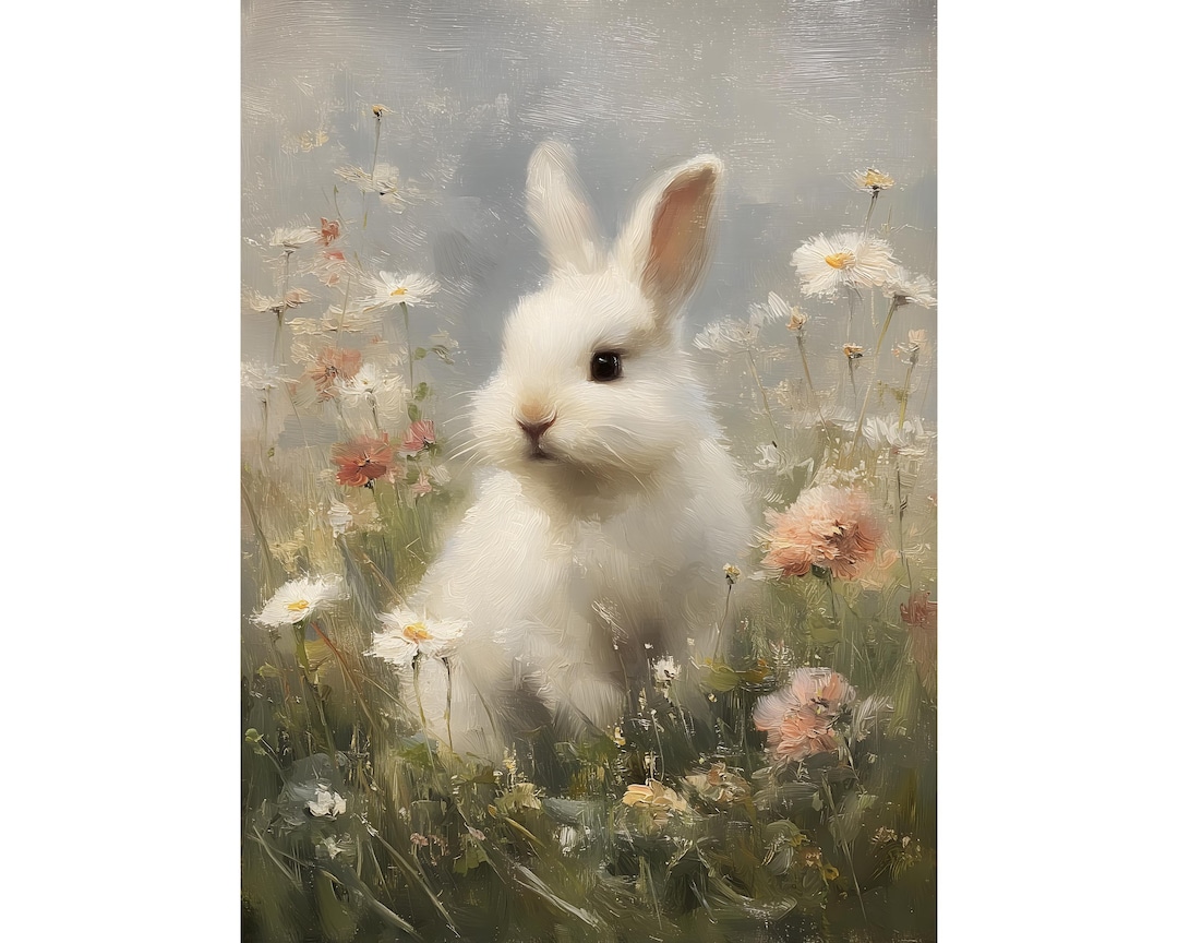 Spring Paintings Rabbit Vintage Easter Bunny Print, Spring Rabbit Oil Painting, Meadow Rabbit ...
