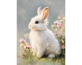 Impression à l'huile pelucheuse de lapin blanc, affiche de lapin de Pâques vintage, peinture florale de lapin, art mural de lapin de prairie de ressort