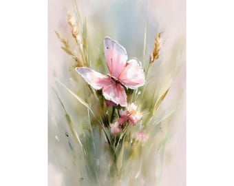 May include: A watercolor painting of a pink butterfly with white accents, perched amidst tall green grass, small pink flowers, and wheat stalks. The artwork has a soft, dreamy quality with a light, pastel color palette, evoking a sense of nature and tranquility.