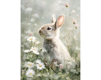 Easter Bunny Watercolor Print, Rabbit Spring Wall Art, Pastel Floral Nursery Decor