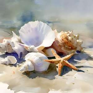 Op de afbeelding: Waterverfschilderij van schelpen en een zeester op een zandstrand. De schelpen zijn wit en bruin, met ingewikkelde texturen. De zeester is oranje, tegen een serene oceaanachtergrond.