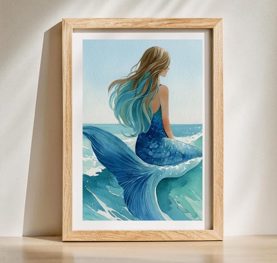 マーメイド水彩画：海のファンタジーアート、海岸沿いのホーム
