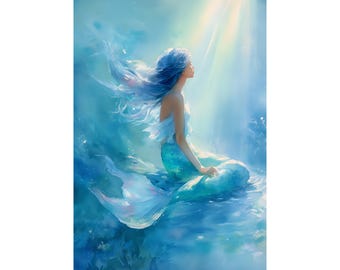 Dipinto ad acquerello di una sirena fantasy / Arte murale da sogno sull'oceano / Stampa di una ragazza del mare stravagante