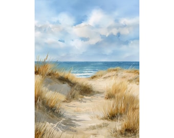 May include: A coastal landscape painting featuring a sandy path leading to the ocean. The artwork depicts golden dune grass, a blue sea, and a cloudy sky. The painting evokes a sense of tranquility and natural beauty.