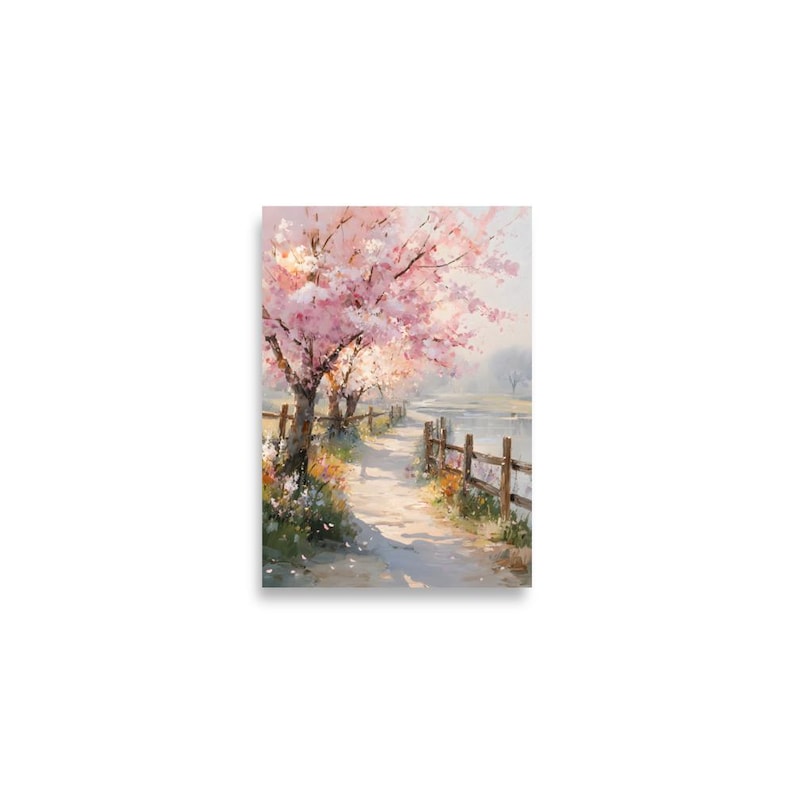 Cherry Blossom Oil Print, Sakura River Wall Art, Spring Floral Landscape Painting, Japanese Inspired Nature Art, Soft Pastel Decor