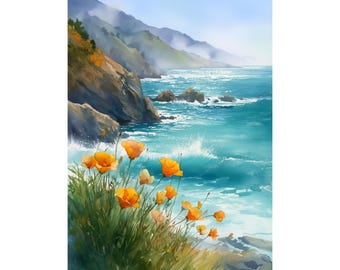 Akvarelltryck av Kaliforniens Big Sur, vallmo-kustnära väggkonst, målning av klippor i Stilla havet, kustnaturdekor