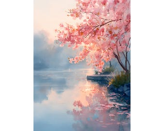 Cherry Blossom River Watercolor Print, Sakura at Dusk Wall Art, Japanese Inspired Evening Landscape, Soft Indigo Floral Artwork