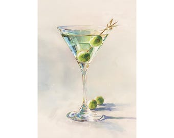 Martini Glass Watercolor Art Print, Abstract Cocktail Poster