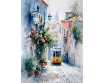 Lisbon Tram Watercolor Print • Alfama Street Art • Yellow Tram Poster • Portugal Wall Decor