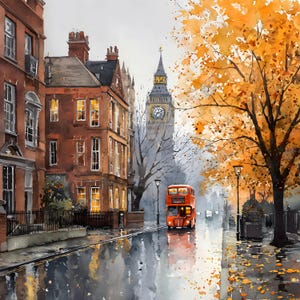 Puede incluir: Pintura a la acuarela de una escena callejera londinense. Un autobús de dos pisos rojo recorre una calle mojada, pasando por edificios y el Big Ben. Hojas de otoño en tonos naranja y amarillo enmarcan la escena.