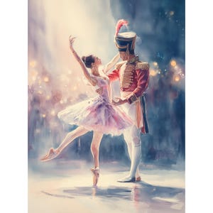 May include: A watercolour painting depicting a ballet performance. A ballerina in a pink and white tutu dances with a man in a red military jacket and white trousers. The background is a soft blend of blues and golds, suggesting a stage setting.