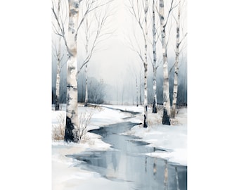 Birch Tree Winter Watercolor Print, Colorado Snowy Forest Landscape Wall Art, Icy River Painting, Neutral Blue Gray Home Décor