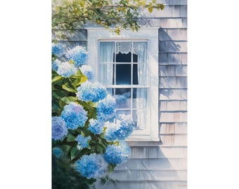 Nantucket Cottage Hydrangea Print • Coastal Home Watercolor Wall Art • Blue Flower New England Decor
